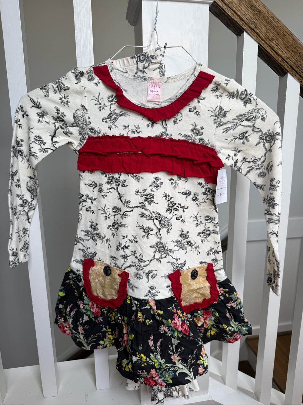 Giggle Moon Cream and Black Floral Dress with Red Ruffle Accents